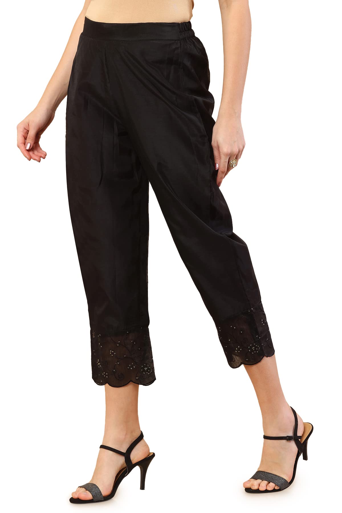 Soch Black Chanderi Straight Pant with Embroidered Borders and Sequins