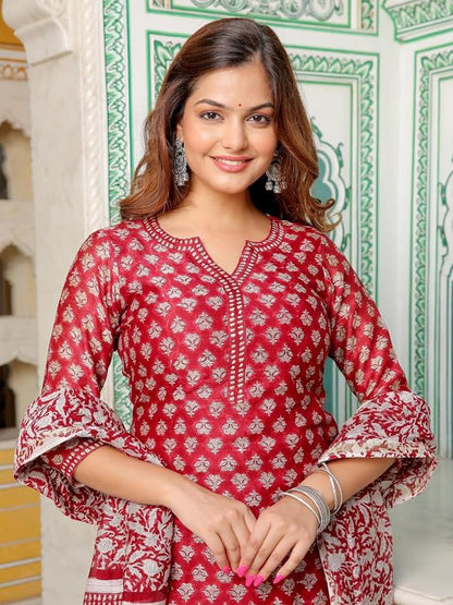 Pinkmint Women Cotton Blend Straight Printed Kurta with Pant & Dupatta Red