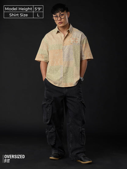 The Souled Store Avatar: Everythings Connected Men and Boys Short Sleeves Collared Neck Button Front Beige Graphic Printed Cott