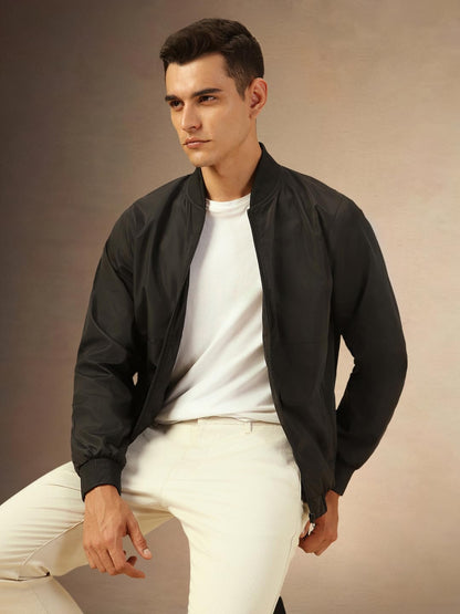Dennis Lingo Men Regular Fit Ployseter Solid Full Sleeves Mock Collar Bomber Jackets