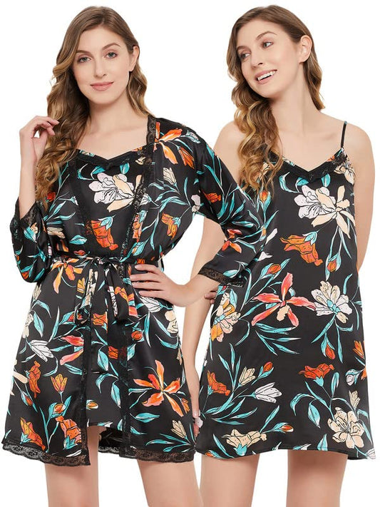 Clovia Womens Satin Pretty Florals Short Night Dress & Robe Set (NS1497P13_Black_XL)
