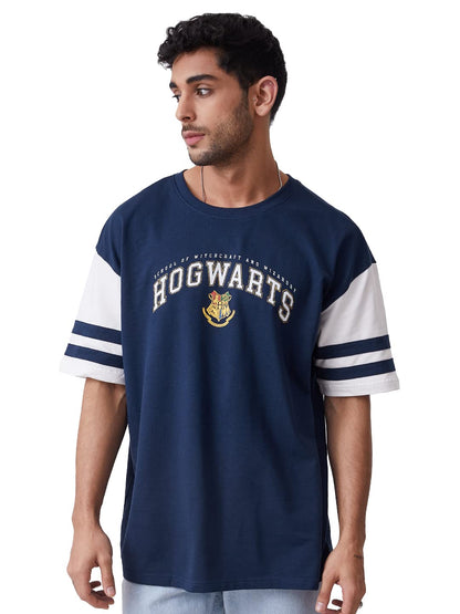The Souled StoreOfficial Harry Potter: Nice Navy Polyester Navy Blue and White Oversized T Shirts for Men Baggy Off-Shoulder Loo