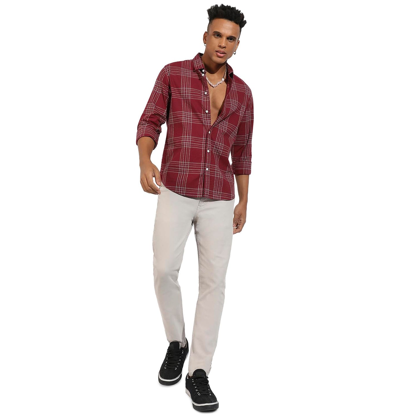Campus Sutra Mens Maroon Red Chalk Tartan Plaid Shirt for Casual Wear | Spread Collar | Long Sleeve | Button Closure | Cotton B