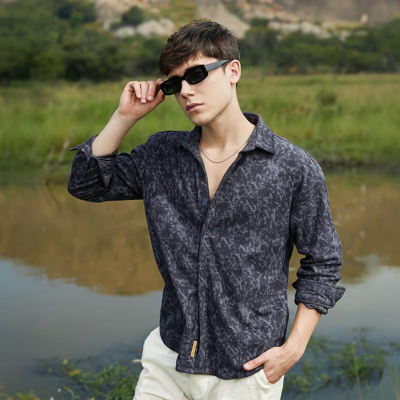 Campus Sutra Mens Prussian Blue Faded Corduroy Oversized Shirt for Casual Wear | Spread Collar | Long Cuffed Sleeves | Button C