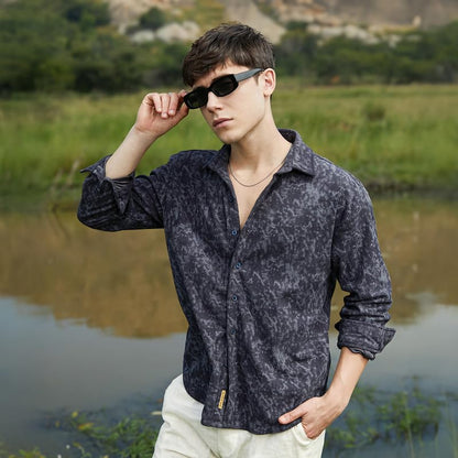 Campus Sutra Mens Prussian Blue Faded Corduroy Oversized Shirt for Casual Wear | Spread Collar | Long Cuffed Sleeves | Button C