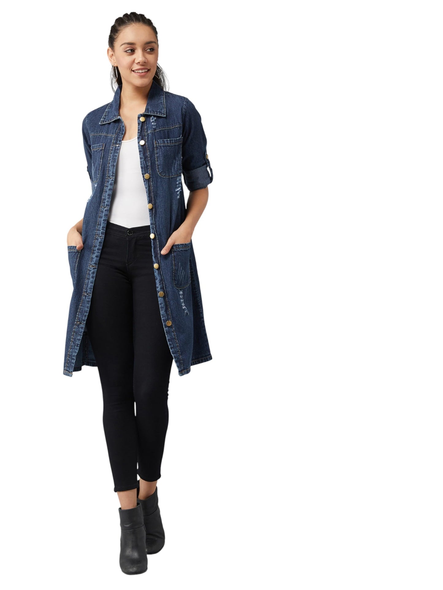 Dolce Crudo Womens Polo Neck Full Sleeves Patch Pocket Denim Overcoat Knee-Length Jacket (DOAW23DEN98-17-319-06, Midnight Blue,