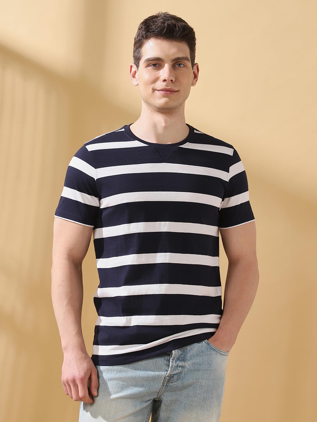 Dennis Lingo Men Navy Blue Blazer Stripes Round Neck Half Sleeves Regular Fit T-Shirt