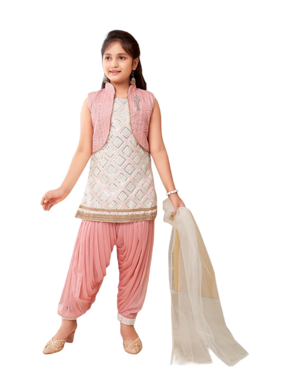 Aarika Girls Ethnic Wear White-Peach Colour Sequin Embroidery Lace Work Silk Kurti Patiala With Jacket (4-10 Years)