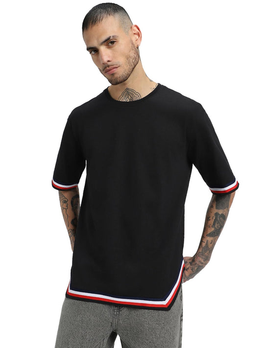 Veirdo Mens Cotton Oversized Baggy Fit Short Sleeve Round Neck Tapered Hemline with Side Cuts T-Shirt