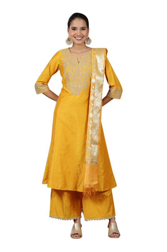 Aurelia WomenS Yarn Dyed Flared Kurta Set With Palazzos And Dupatta For Women