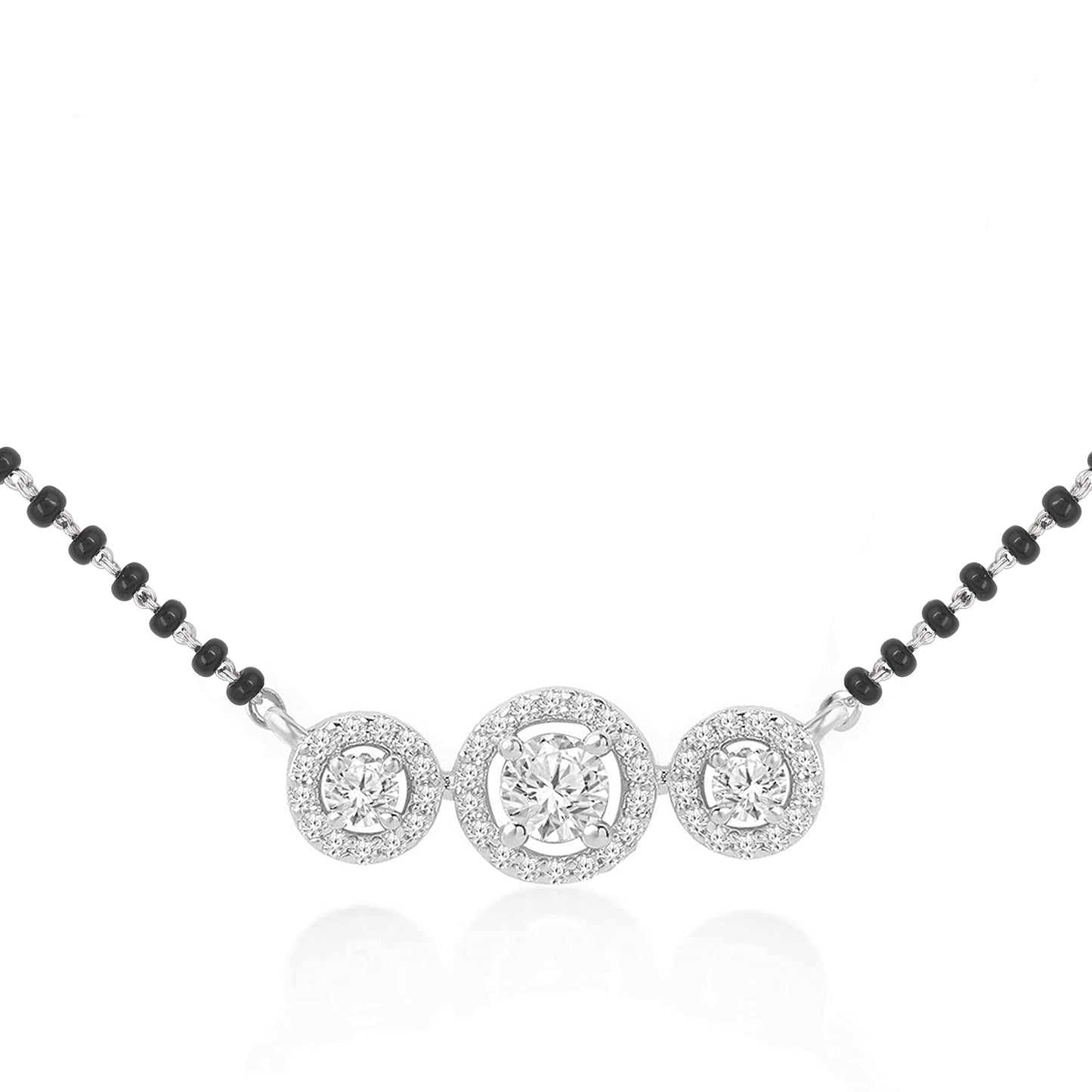 MINUTIAE Stylish Three Stone Pendant Necklace Black Beads Mangalsutra For Women With Extendable Chain (Silver)