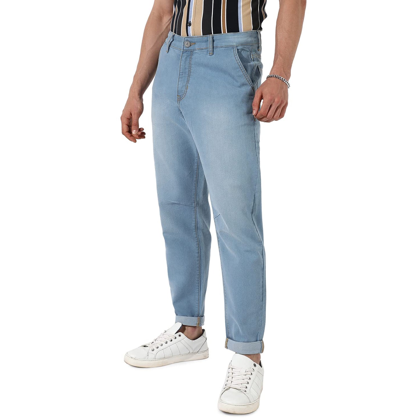 Campus Sutra Mens Light Blue Light-Wash Carrot Fit Denim Jeans | Stretchable Cotton Mid-Rise Denim Jeans Crafted with Comfort F