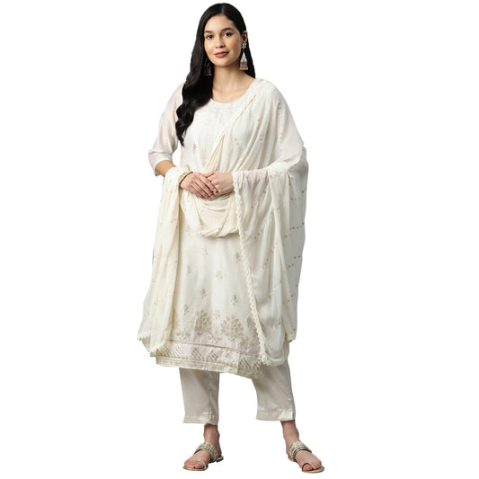 ishin Silk Blend Embroidered Off White Straight Kurta Suit Set with Palazzos & Dupatta