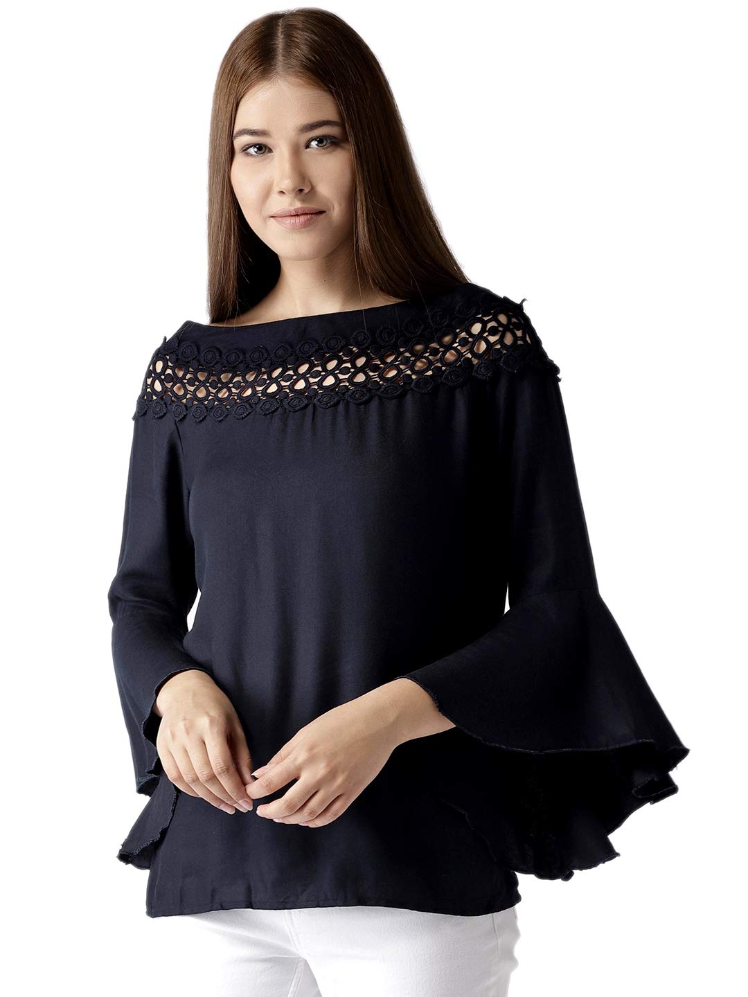 Style Quotient Women Solid Navy Viscose Rayon Smart Casual top