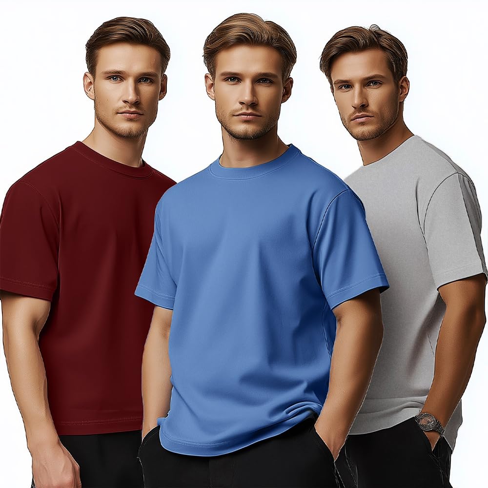 Nobero MenS Cotton Solid Regular Fit T Shirt (1M-Twts-R0008_Wine Red/Grey Melange/Marine)