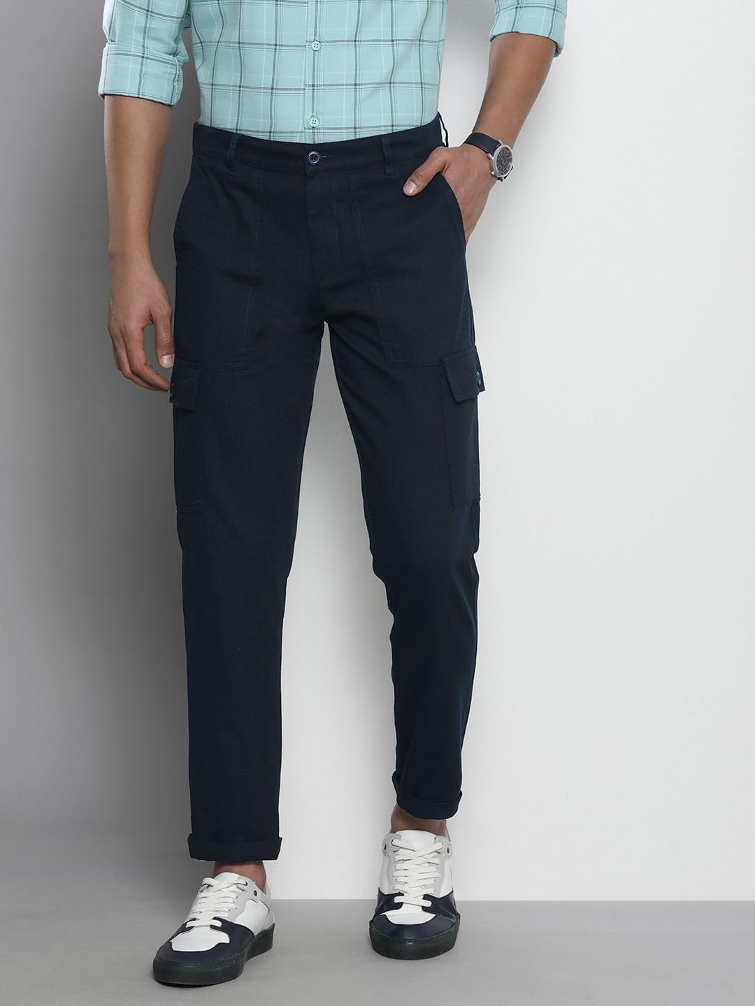 The Indian Garage Co Men Slim Fit Solid Mid-Rise Cargos Navy
