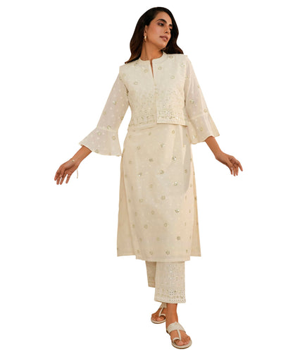 Libas Womens Embroidered Cotton Straight Kurta With Trousers And Dupatta