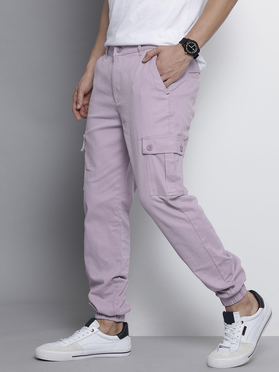The Indian Garage Co Men Slim Fit Solid Mid-Rise Stretchable Cuffed Cargos