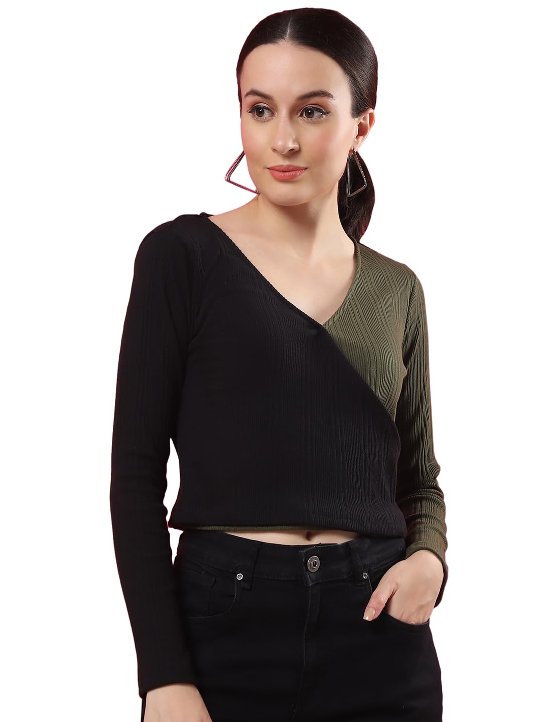 Rigo Casual Wear V Neck Rib Knit Top for Women | Slim Fit Long Sleeves Western Tops for Women