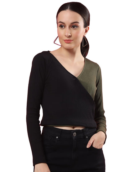 Rigo Casual Wear V Neck Rib Knit Top for Women | Slim Fit Long Sleeves Western Tops for Women
