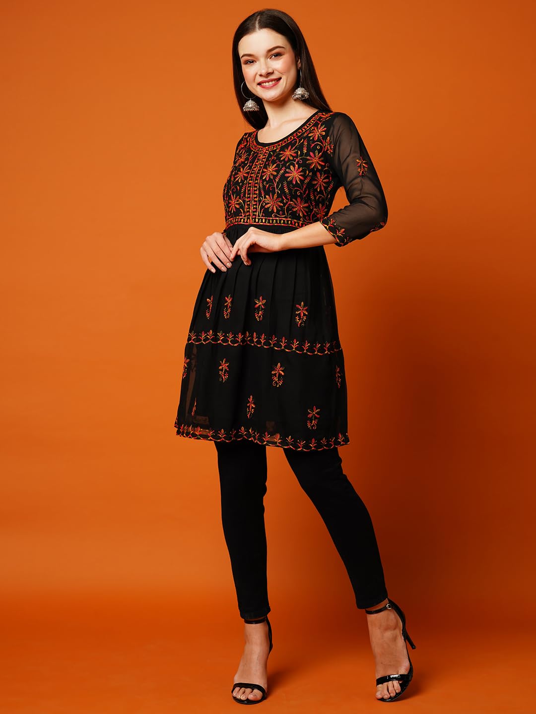 ANNI DESIGNER Women's Georgette Chikankari Embroidered Short A-Line Clothing Set