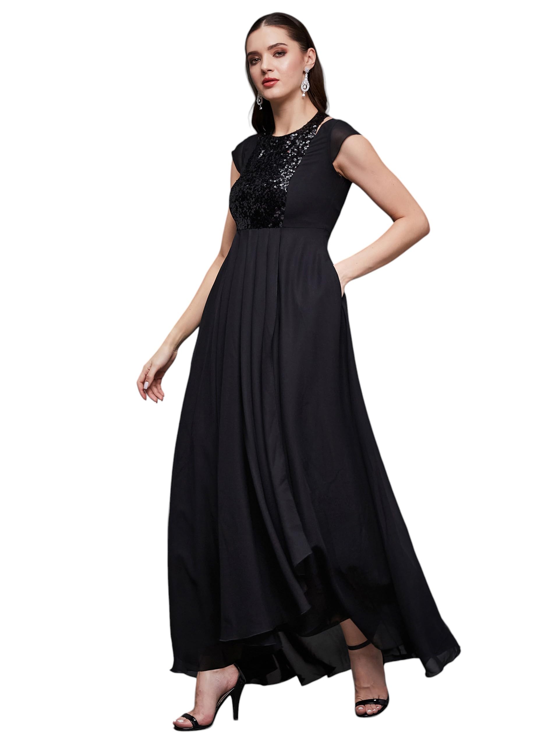 Miss Chase Womens Halter-Neck Cap-Sleeve Solid Pleated Embellished Maxi Dress (MCSS25D91-88-62-05, Black, L)