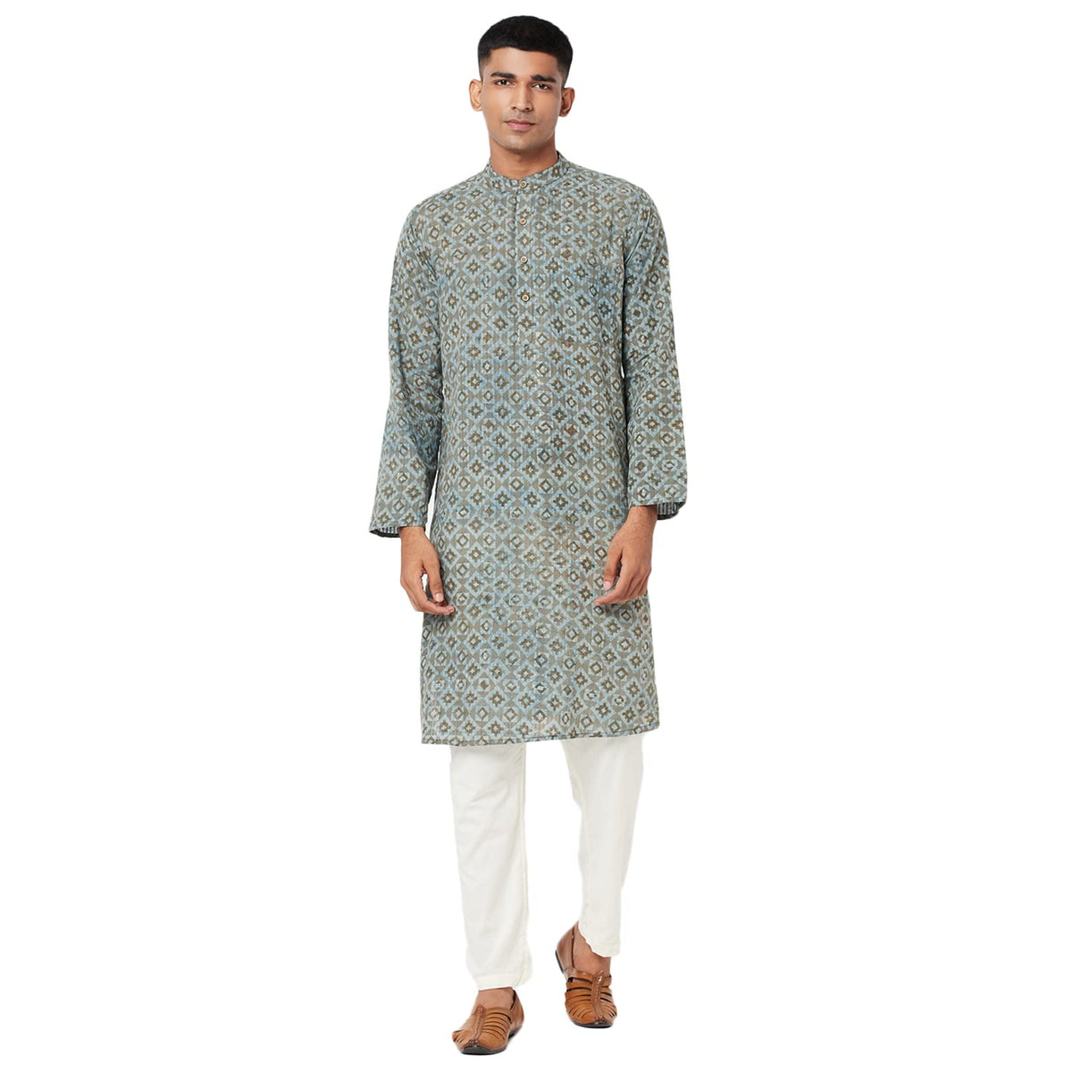 Fabindia MenS Cotton Printed Relaxed Kurta_Grey_S