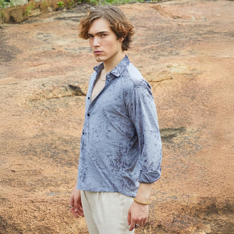 Campus Sutra Mens Moon Grey Solid Velvet Shirt for Casual Wear | Spread Collar | Long Sleeve | Button Closure | Shirt Crafted w