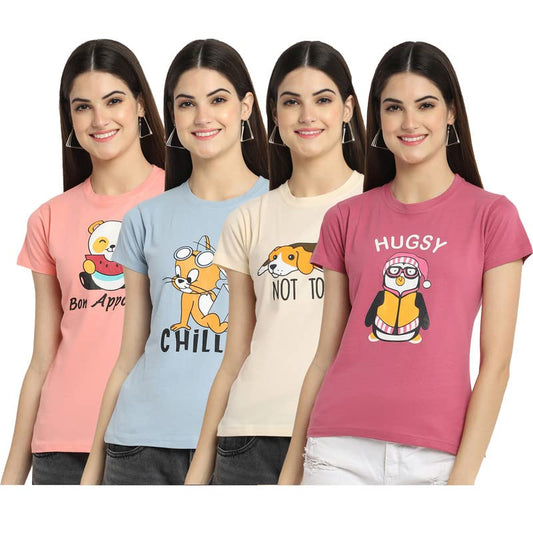Preneum Womens Cotton Regular Fit Latest Graphic Stylish Printed Short Sleeves Casual T-Shirt || Trending & Style (Pack 4), Pin