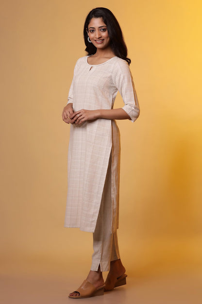 Aurelia WomenS Cotton Blend Checkered Regular Kurta (24Fea15220_Beige
