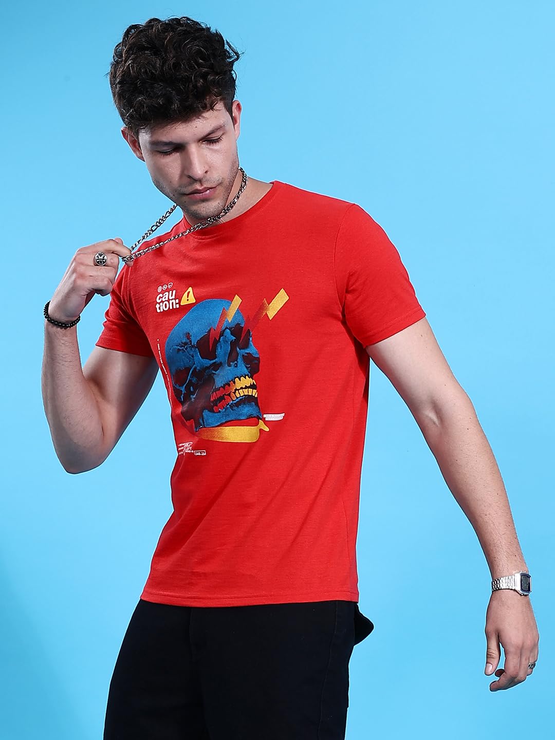 The Indian Garage Co Men Slim Fit Placement Print Round Neck Tshirt Red
