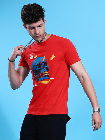 The Indian Garage Co Men Slim Fit Placement Print Round Neck Tshirt Red