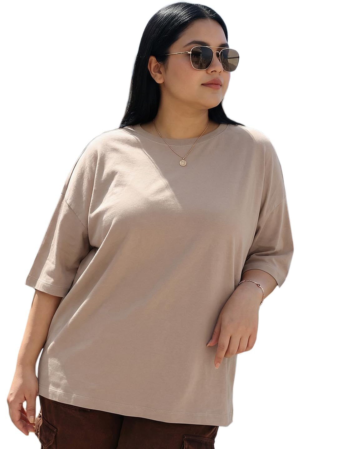 Bewakoof Heavy Duty 1.0 Womens Solid Oversized Fit Half Sleeve Round Neck Terry T-Shirt_659445_Brown_6XL