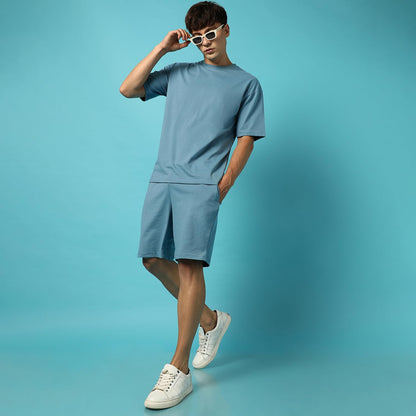 Campus Sutra Mens Solid Blue Casual Co-Ord Set for Casual Wear |Cotton Poly Lycra Fabric |Pull On T-Shirt |Pull On Shorts |Clot