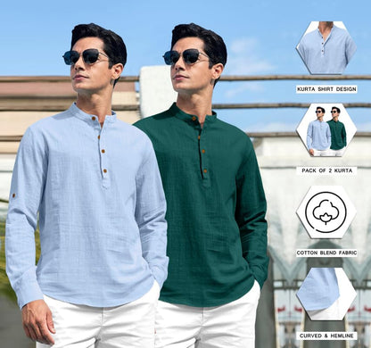 Macsivo Combo Of MenS Cotton Polyester Blend Solid Regular Fit Full Sleeve Short Kurta Pack Of 2 Sky-Green