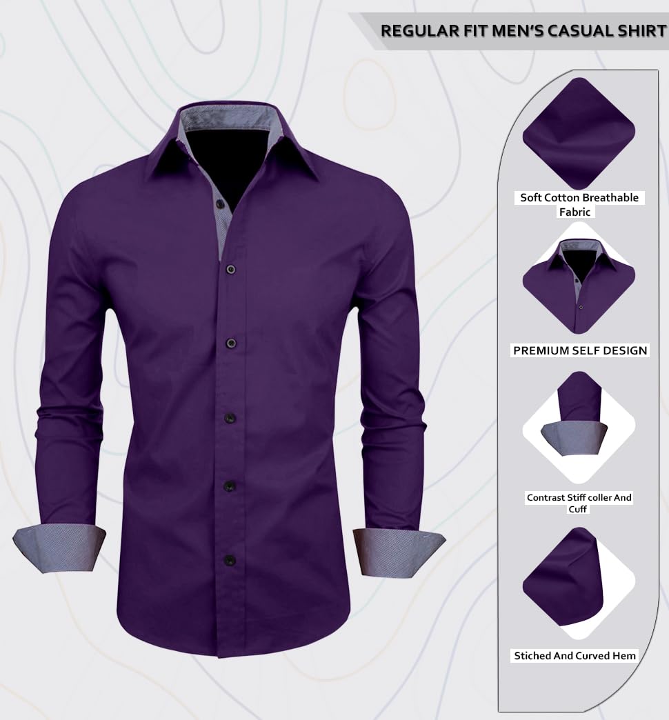 Zombom MenS Classic Cotton Blend Regular Fit Full Sleeve Spread Collar Casual Shirt For Men Purple