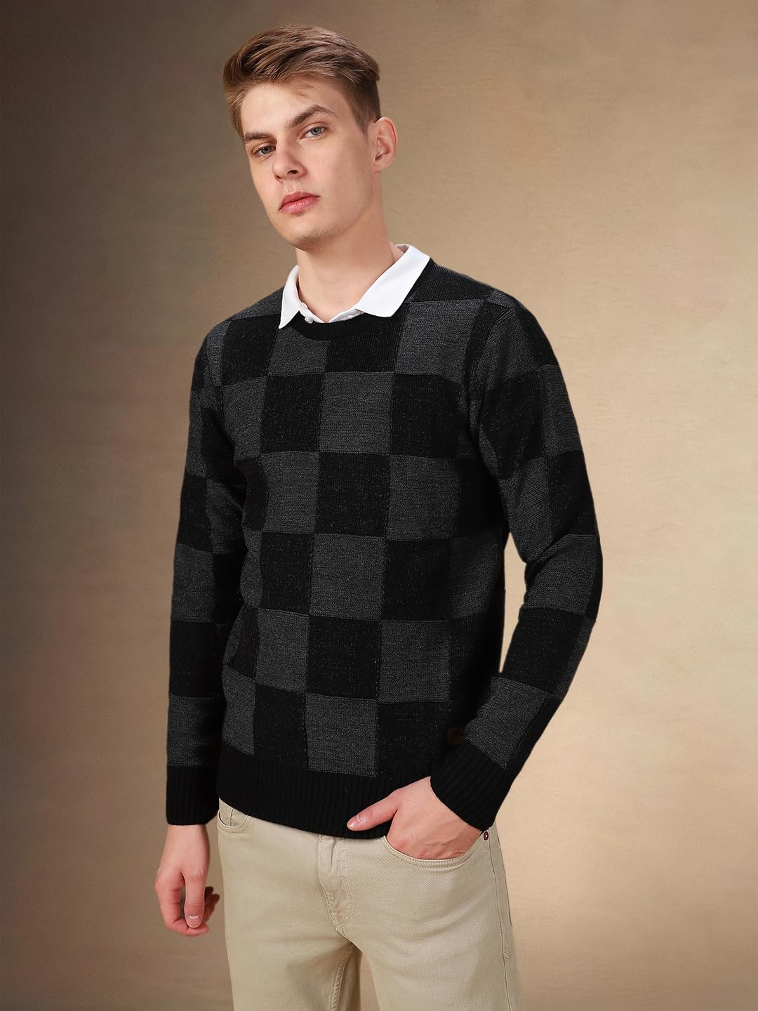 Dennis Lingo Men Checks Acrylic Regular Fit Full Sleeves Pullover Sweater Black