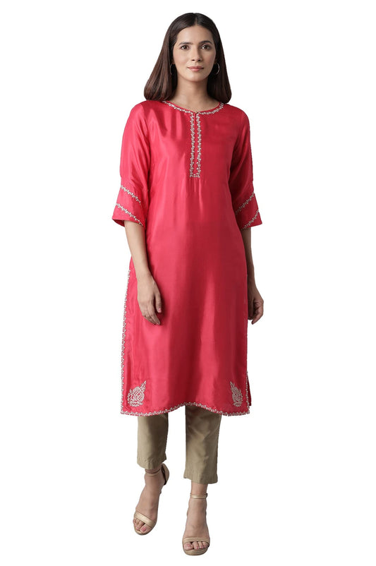W for Woman Rasberry Red Solid Festive Straight Kurta