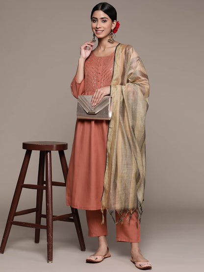 anubhutee Women's Viscose Rayon Rust Ethnic Motifs Self Design Straight Kurta Suit Set With Pants And Dupatta