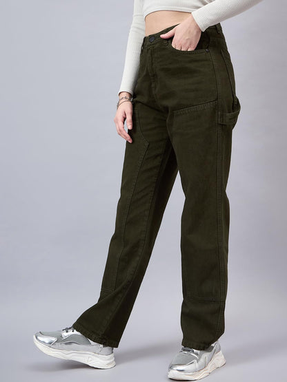 Style Quotient Women Relaxed Fit High Rise Carpenter Jeans Olive