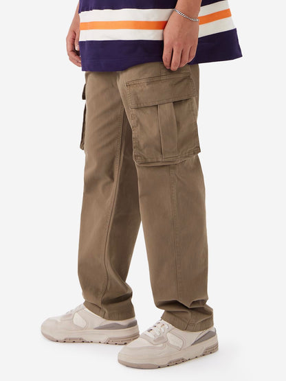 The Souled Store Solids: Deep Tan Men and Boys Buttoned Cottton Blend Straight Fit Cargo Pants