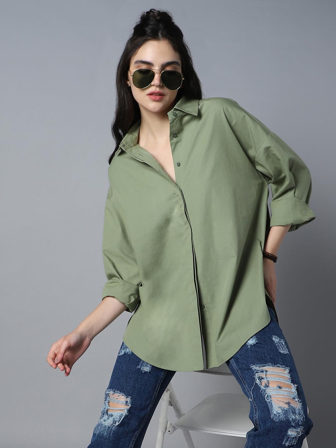 High Star WomenS Cotton Oversized Fit Shirt (Hswshs23001B_Gn_Green