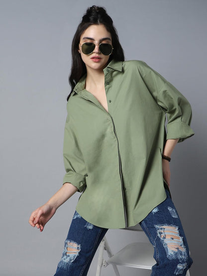 High Star WomenS Cotton Oversized Fit Shirt (Hswshs23001B_Gn_Green