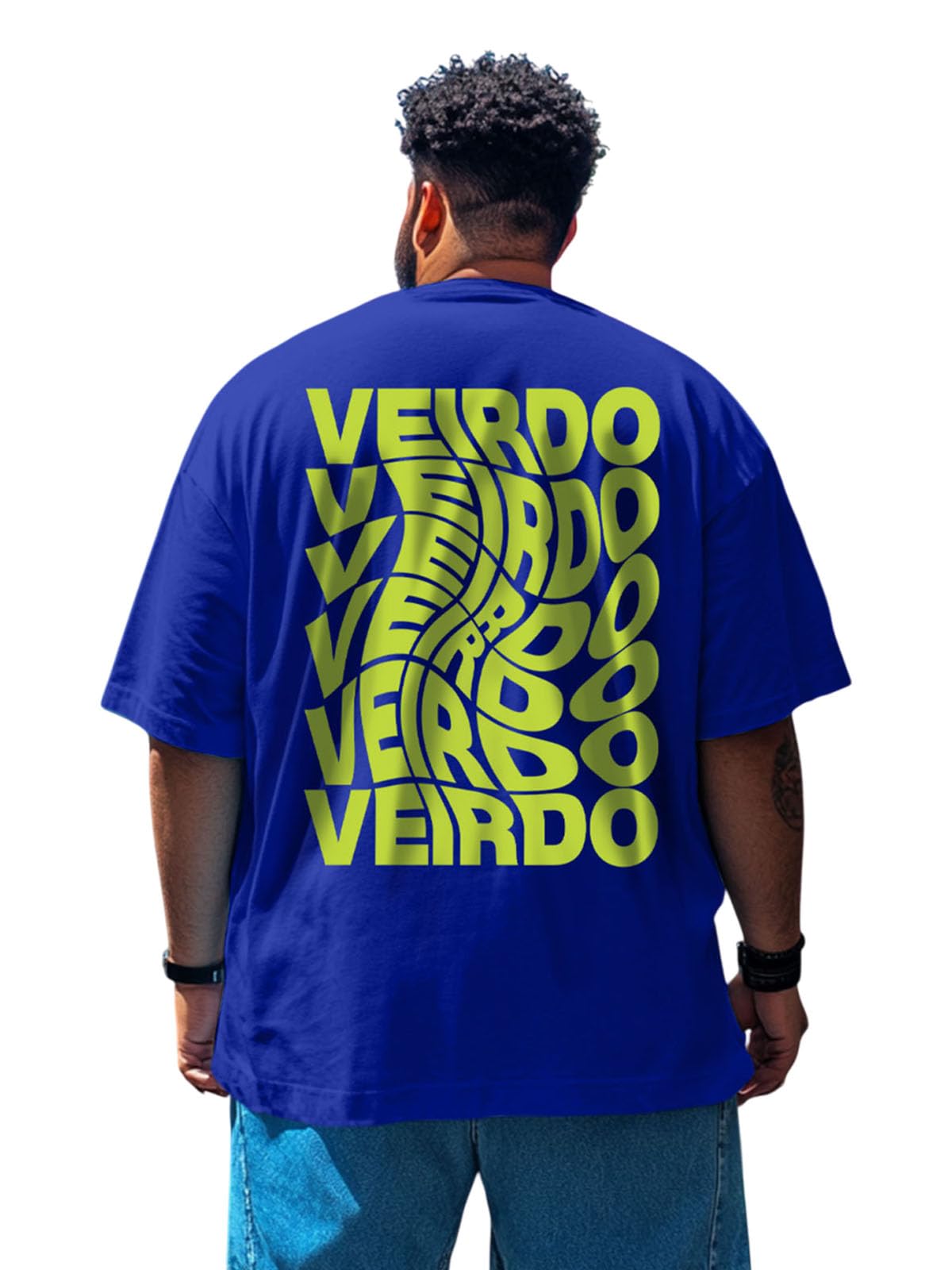 Veirdo Mens 100% Cotton Oversized Baggy Fit Drop Shoulder Back Typographic Printed T-Shirt Royal Blu