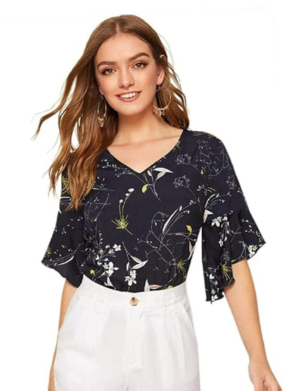 OM SAI LATEST CREATION Womens Plain Crepe with Ruffle Sleeve Design on HaOSLC-Sleeve Regular Fit Office wear,Casual wear Top (X