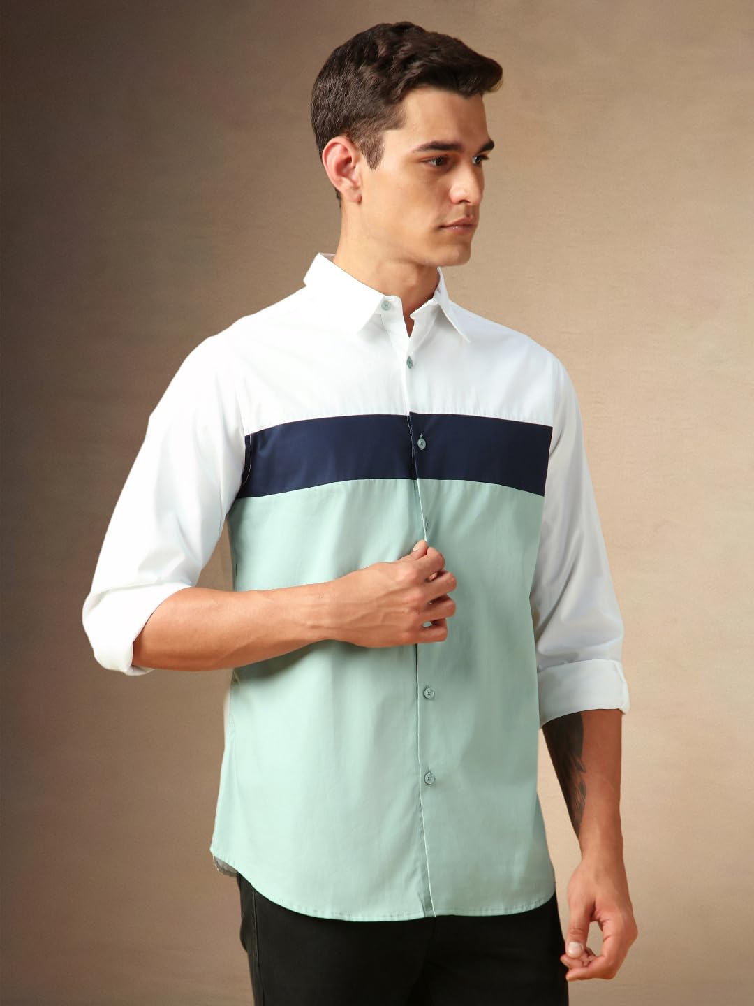 Dennis Lingo Men Colorblock 100% Cotton Regular Fit Full Sleeves Shirts White