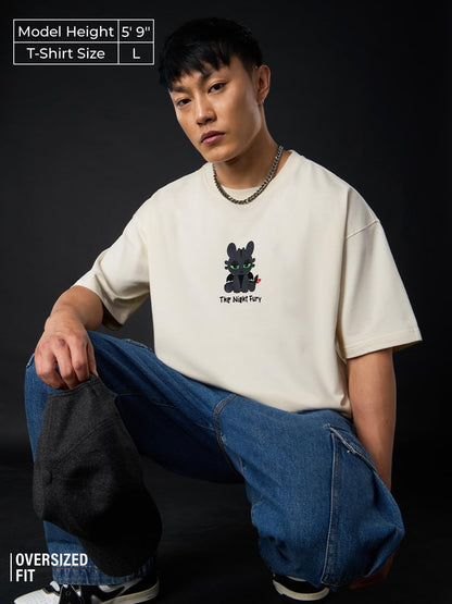 The Souled Store HTTYD: Night Fury Chibi Men and Boys Short Sleeves Round Neck Off White Graphic Printed Cotton Breathable Light