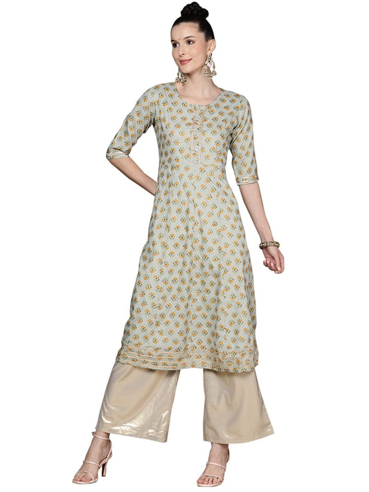 anubhutee Women's Sage Green Printed Anarkali Kurta