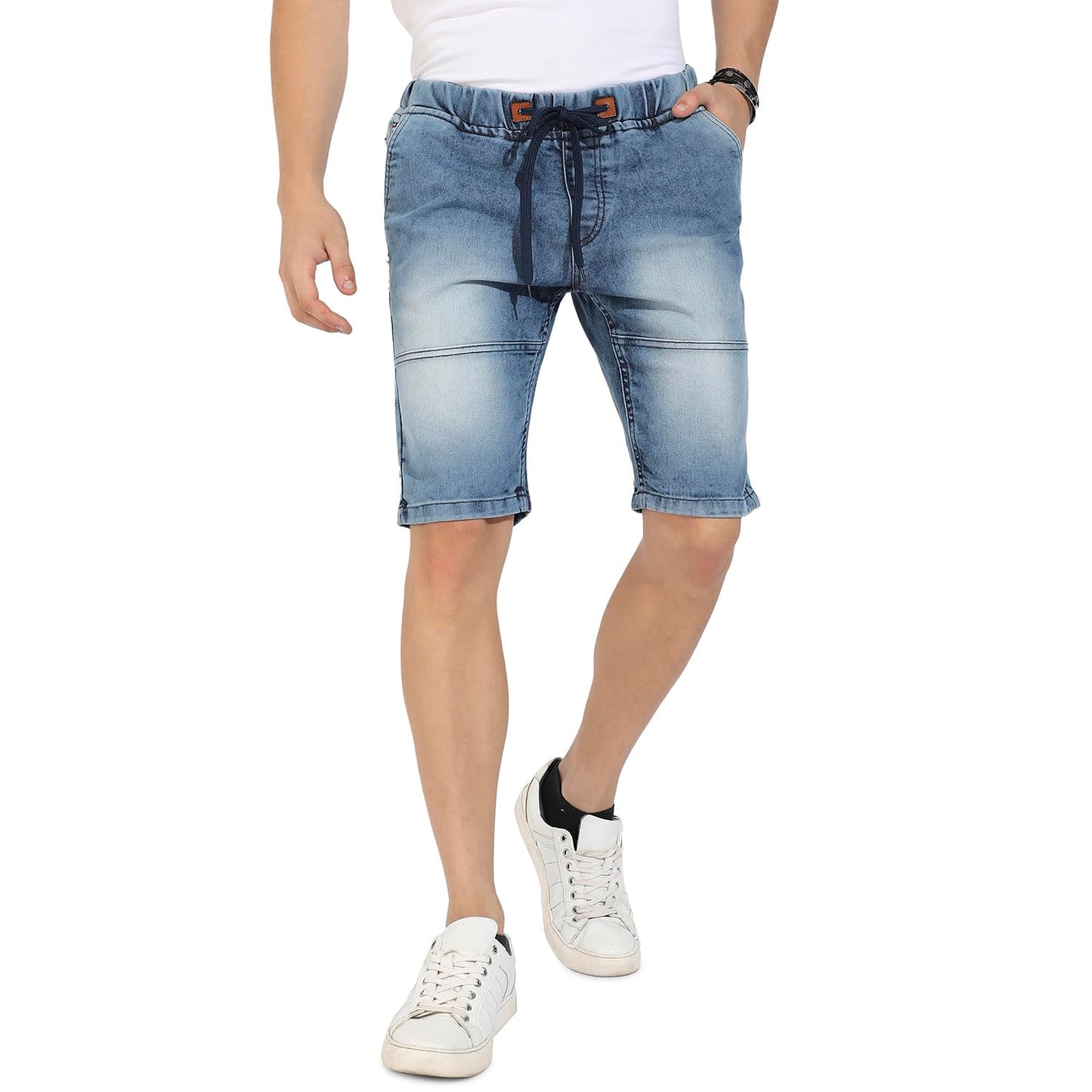 Campus Sutra Mens Blue Contrast Stitch Denim Shorts for Casual Wear | Medium-Wash | Regular Fit | Drawstring Closure | Denim De