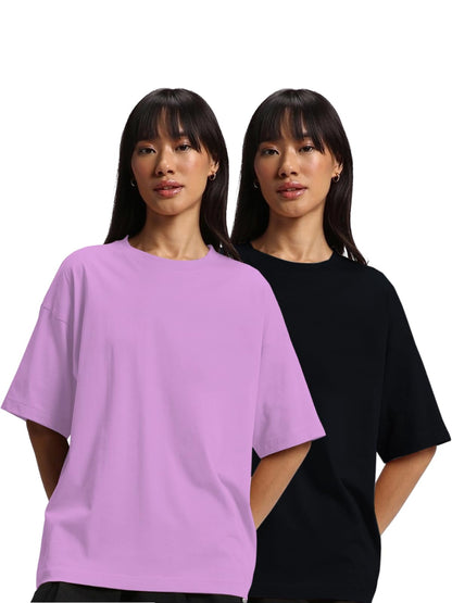 JUNEBERRY Pure Cotton Drop Shoulder Oversized Baggy Fit Half Sleeve Plain Solid Round Neck Multicolor T-Shirt for Women & Girls